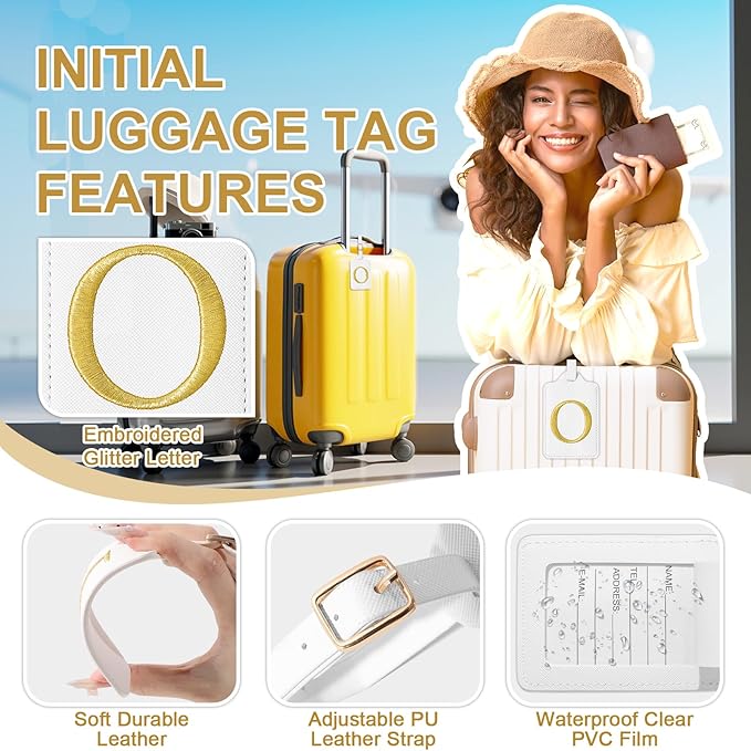 Personalized Initial Luggage Tags for Suitcase TSA Approved, White Leather Cute Luggage Tag with Privacy Cover Name Card, Embroidered Custom Luggage Tags Travel Baggage Tags Gifts for Women Kids(O)