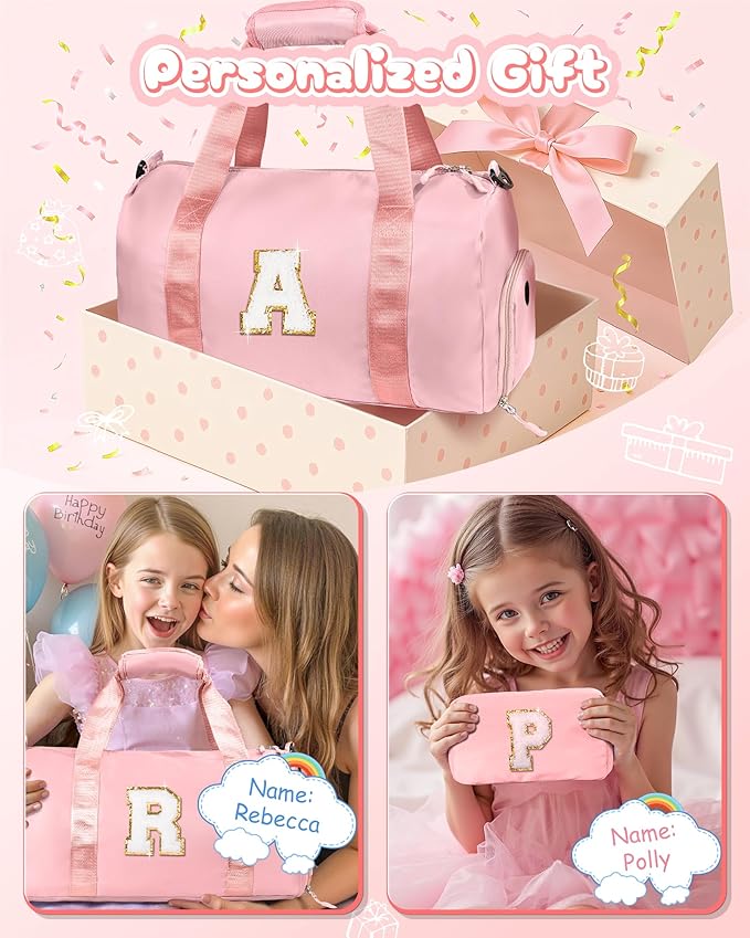Easter Basket Stuffers Gifts for Kids-Girl Gym Bag with Shoe Compartment, Kid Personalized Weekender Overnight Bags, Initial Travel Tote with Makeup Pouch, Valentines Day Gift (Letter P)