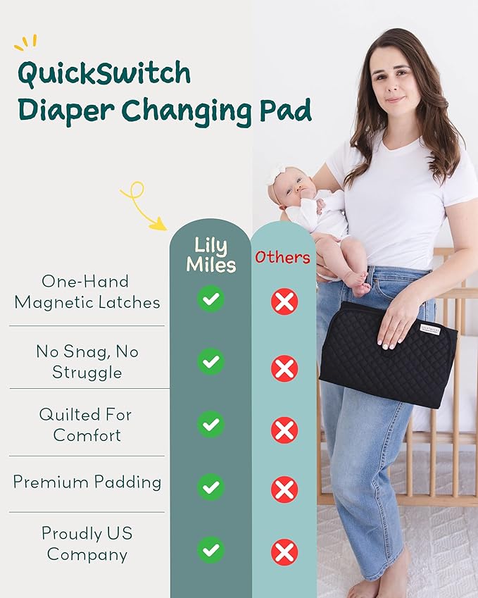 Diaper Changing Pad Portable with Magnetic Latches, Baby Diaper Changing Mat, Travel Pad for Diaper Bag, Baby Essentials, Wipeable & Waterproof Mat (Black Twill, Regular)