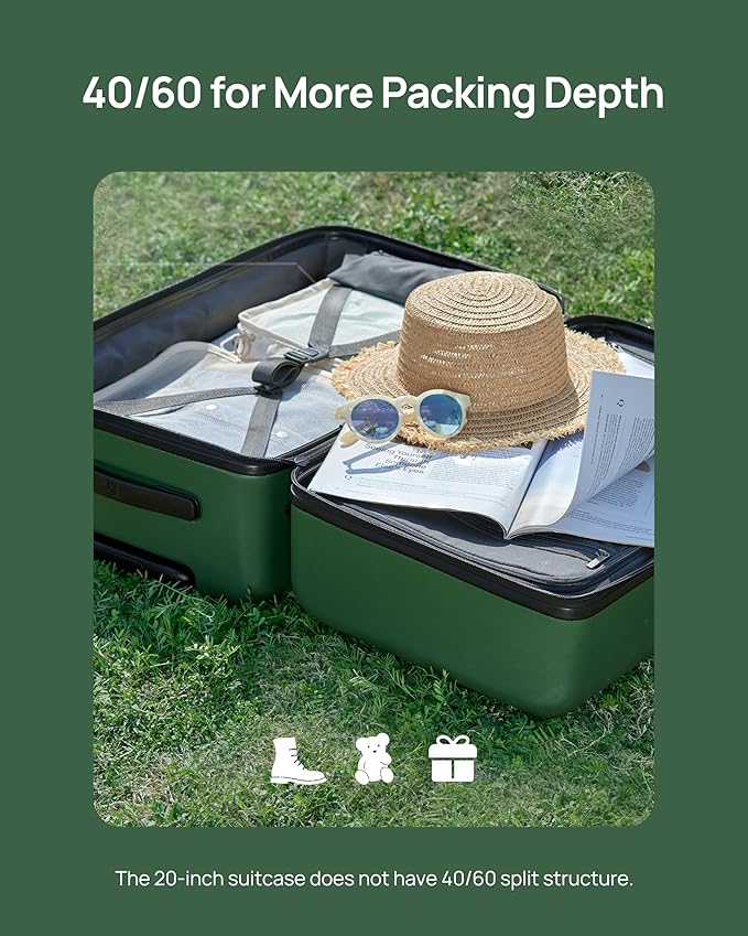 Carry On Suitcase, 20 Inch Carry-On Luggage with Double Spinner Wheels, Anti-Burst Zipper, Hard Case PC Suitcase Carry On, Lightweight Travel Luggage, TSA Approved (Seaweed Green, Hudson)