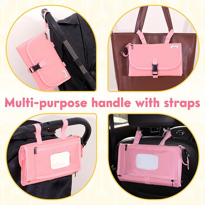 Kopi Baby Portable Diaper Changing Pad - Baby Diaper Changer Travel Bag with Wipes Pocket, Smart Design Portable Changing Mat, Infant Travel Station Kit, Gift for Newborn Girl & Boy - Pink, Classic