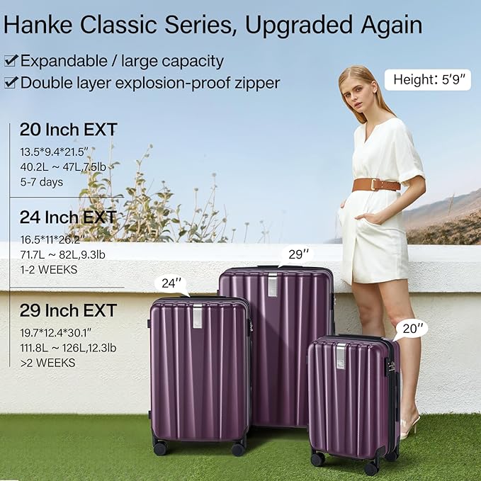Hanke 29 Inch Expandable Checked Luggage Lightweight PC Hard Shell Luggage Suitcases with Wheels Tsa Luggage Rolling Large Suitcase Travel Luggage Bag for Study Abroad(Purple)