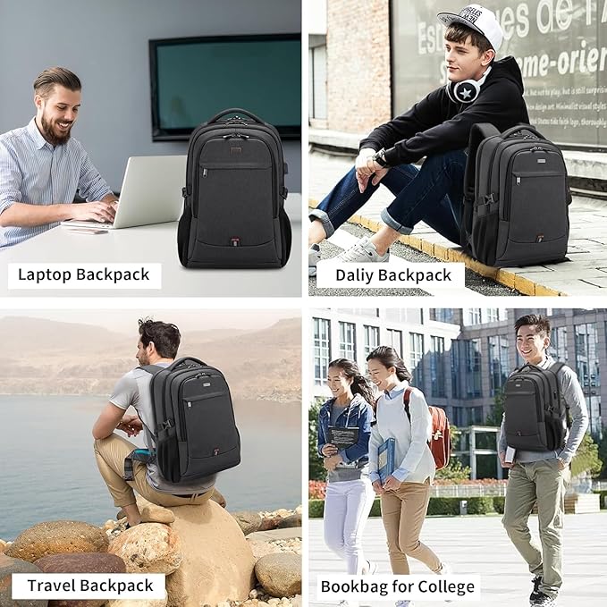 DUSLANG 17 Inch Laptop Backpack for Travel Water Resistant College Bookbag for Men/Women Laptop Bag with USB Charging Port and Tablet Sleeve Bag Compatible Protective Case, Black