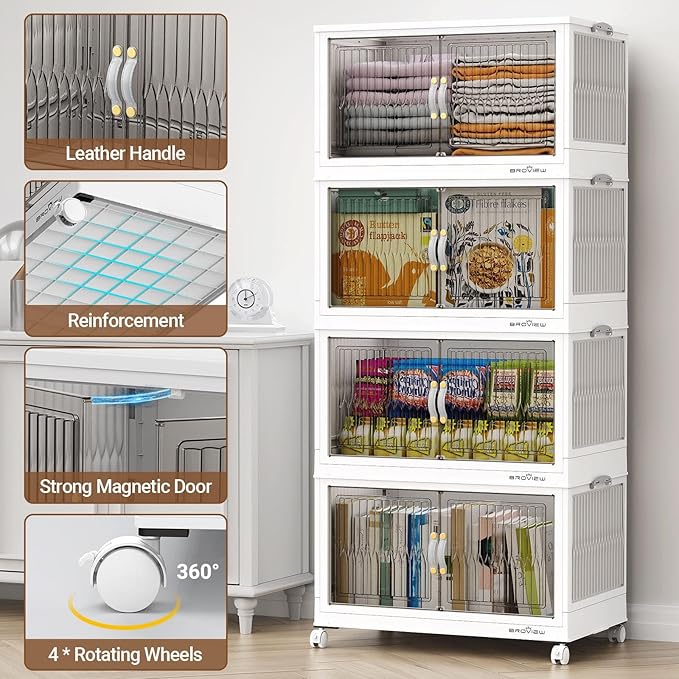 BROVIEW 400Qt Stackable Storage Bins with Lid, Extra Large Closet Organizer Collapsible Drawer Boxes with Wheels, Folding Plastic Cabinet Containers for Home Kitchen Room Organization, 4Pack White