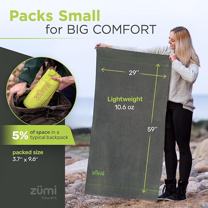 Zumi 100% Cotton Quick Dry Large Travel Towel - Soft, Thin, Compact, Highly Absorbent, Lightweight Camping Towel for Beach, Gym, Bath, Shower, Swimming, Dorm, RV - Gray
