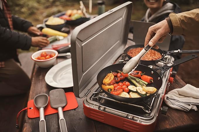 OXO Outdoor Pre-Seasoned Carbon Steel 10" Frying Pan Skillet, Detachable Handle for Easy Storage, Indoor Use, Nonstick with Use, Induction Suitable,Oven & Broiler Safe,Browning, Grill,Sear,Saute,Black