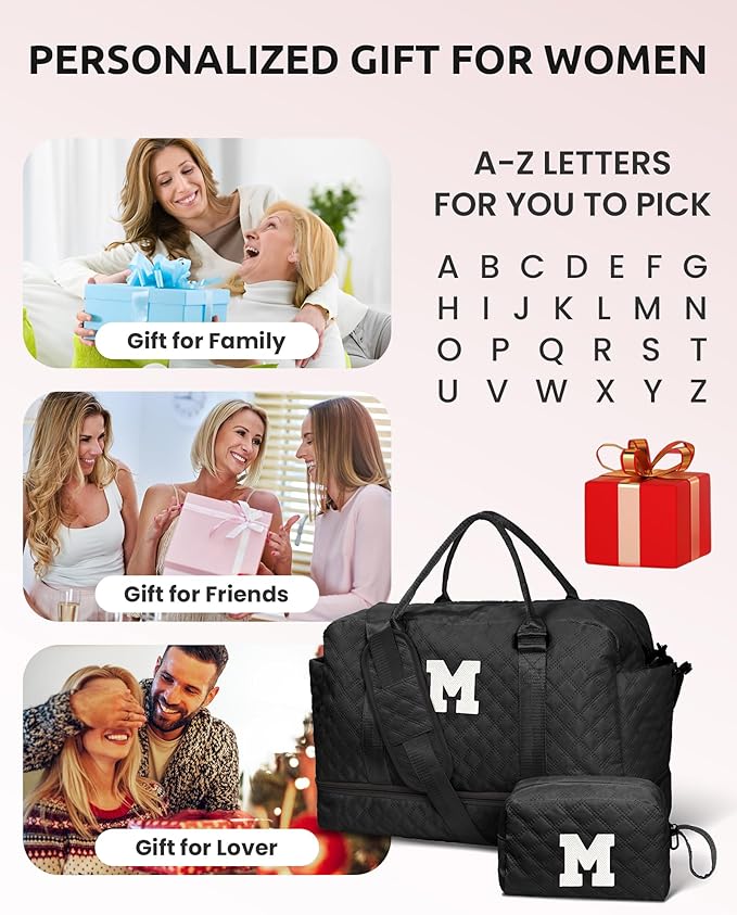 Teens' Birthday Gifts - Initial Duffle Bag with Separated Shoe Compartment, Weekender, Overnight & Travel Bag - Letter M
