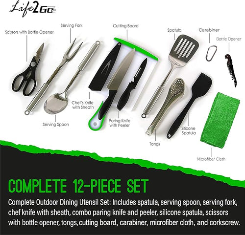 12 Pcs Camp Cooking Utensil Set & Outdoor Kitchen Gear Cookware Kit, Portable Compact Carry Case for Camping, Hiking, Travel, BBQ Grilling Stainless Steel Accessories Spoon & Fork, Navy