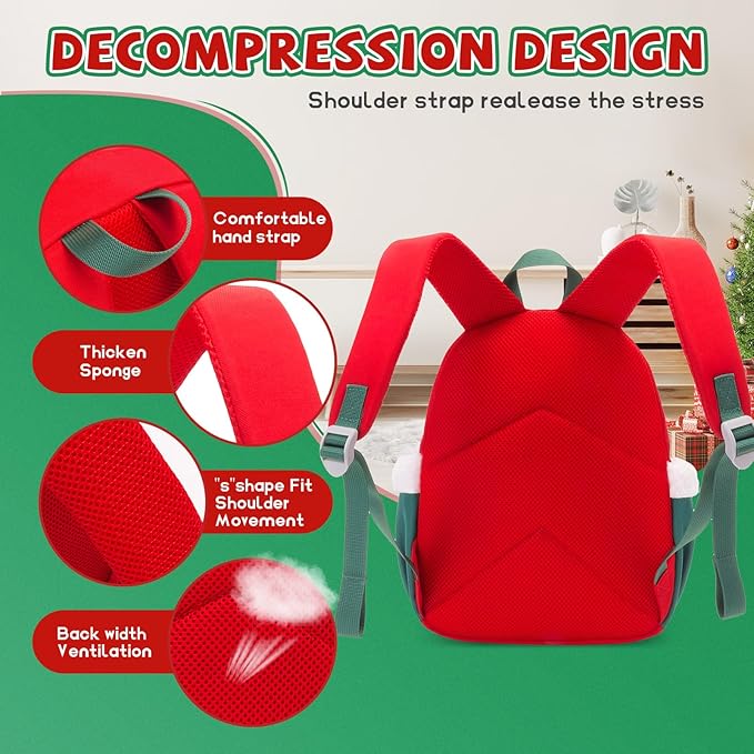 SUN EIGHT Kids Christmas Backpack – Glow in the Dark Santa & Reindeer Design, Lightweight Waterproof School Bag with Plush Stocking Charm & Gift Bag – Perfect Holiday Present for Boys and Girls