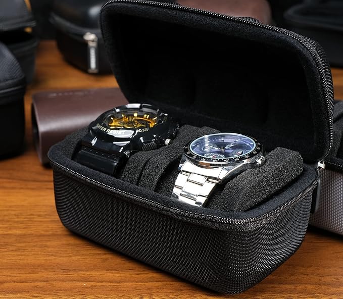 Hard 5 Slots Watch travel case with Soft Separation pillow, fit men's women's casual/sports/diving/dress/automatic watches up to 60mm sized face, with luxury red lining(case only)
