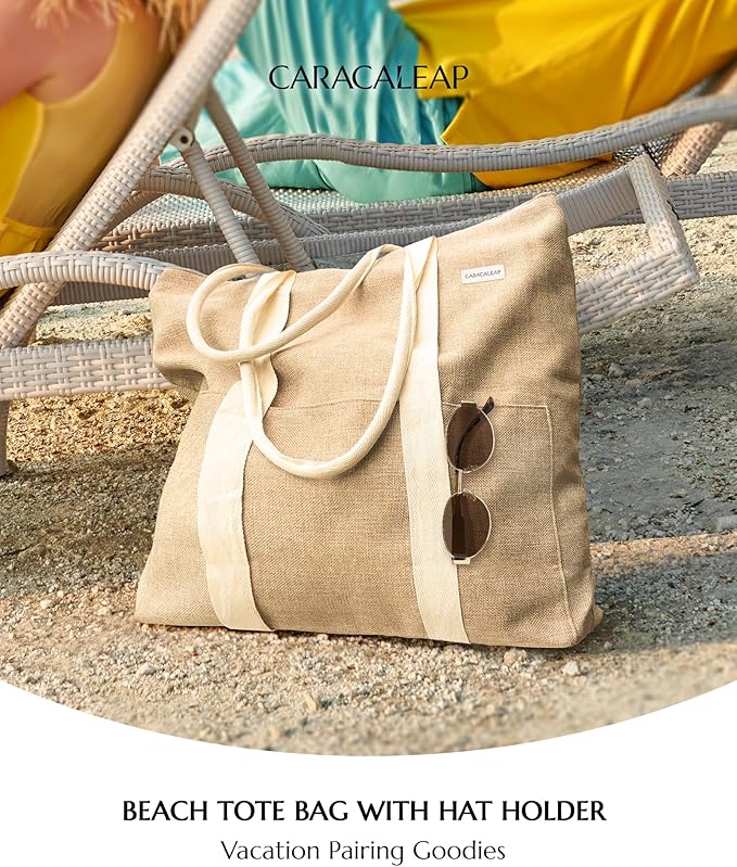 Large Beach Tote Bag with Zipper-Travel Tote Bag for Women with Sun Hat Holder Strap Boho Summer Beach Tote