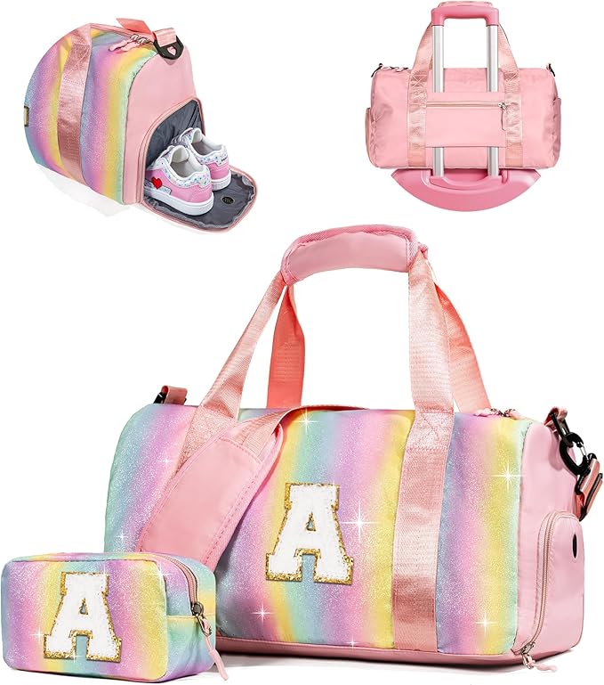 Birthday Gift for Daughter-Girl Gym Bag with Shoe Compartment, Kid Weekender Dance Bags, Initial Travel Tote with Makeup Pouch, Gifts for 5 6 7 8 9 10 11 12 Year Old Girls (Letter A)