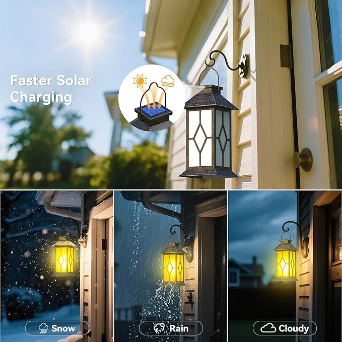 2Pack Patina 13" Metal & Glass Solar Lantern with Flickering Flame, Outdoor Waterproof Hanging Lantern for Garden Patio Yard Pathway Porch Decorative, Vintage Gifts for Mom