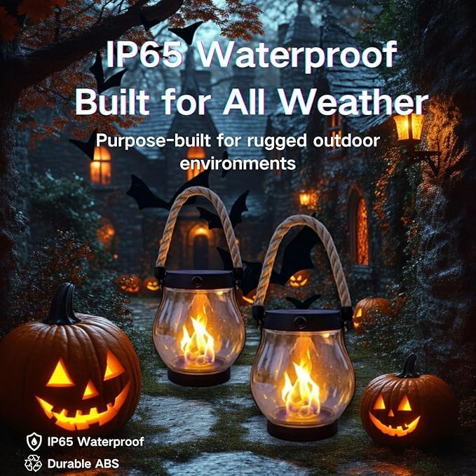 Solar Lantern Outdoor Lights, Flickering LED with Hemp Rope Handle, Dual Charging (Solar & USB), Water-Resistant Hanging Decor for Garden, Yard, Patio, Porch, Pathway, Camping (2)