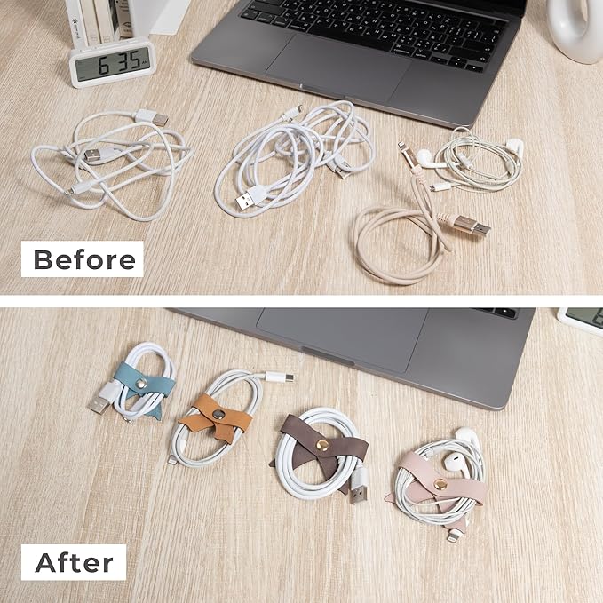 SenseAGE 5 Pack Cord Organizer, Bow Cord Keeper, Cable Organizer USB Holder, Leather Cable Management, Cable Straps, Earphone Winder, Storage Straps for Electronics, Earbuds (Moonlight Grey, Big)