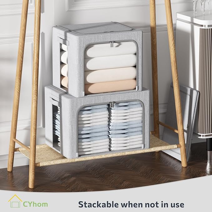 4 Pack Clothes Storage Bins with Metal Frame - Linen Fabric Foldable Stackable Container Organizer Set with Clear Window & Carry Handles & Zippers (Light Grey, 23.6"x16.5"x15.7")