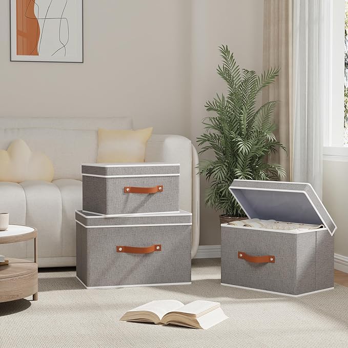 Fabric Storage Bins with Lids, Linen Foldable Clothes Boxes, Closet Organizer Containers with Double Handles, Baskets for Bedroom, Grey, 3 Pack, 13 x 9.1 x 7.9 Inch