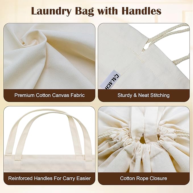 Canvas Laundry Bags with Handles & Square Base13.8"x 13.8", Large Heavy Duty Laundry Basket Hamper Liner, College Dorm Washable Drawstring Cotton Dirty Clothes Bag (Natural,2 Pack)