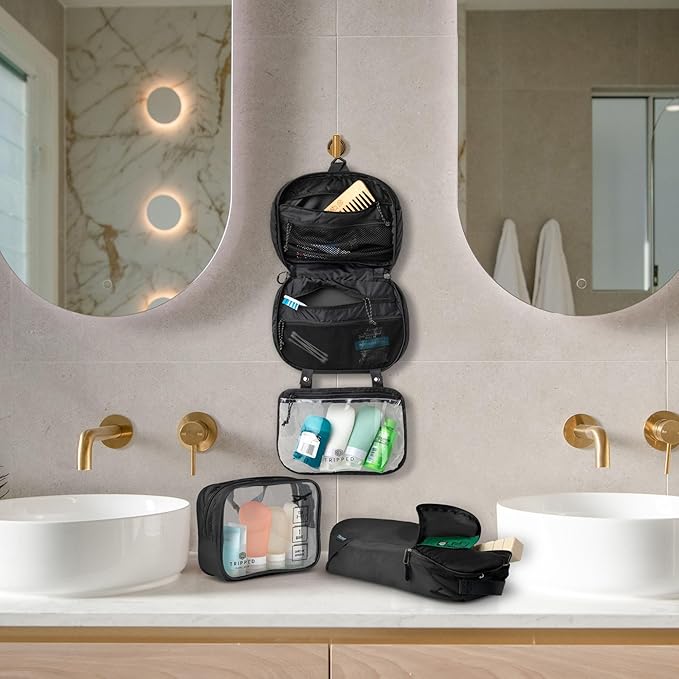 Toiletry Bag Kit Set: Hanging Travel Toiletry Bag + 311 TSA Cosmetic Liquid Bag + Ultralight Accessory Organizer Pouch