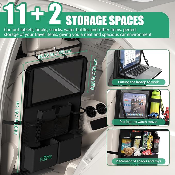 Car Backseat Organizer with Tablet Holder,11 Storage Pockets with Foldable Food Tray, Protector Kick Mats for Kids, Travel Accessories Organizer (Black, 1Pack)