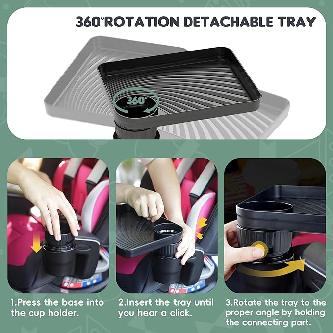 Upgraded Car Seat Tray for Kids Car Seat Tray with Expandable Base for Snacks, Toys, Books, Entertainment Kids Travel Essentials Fits 2.8''-3.2'' Cup Holders (1, Standard Base)