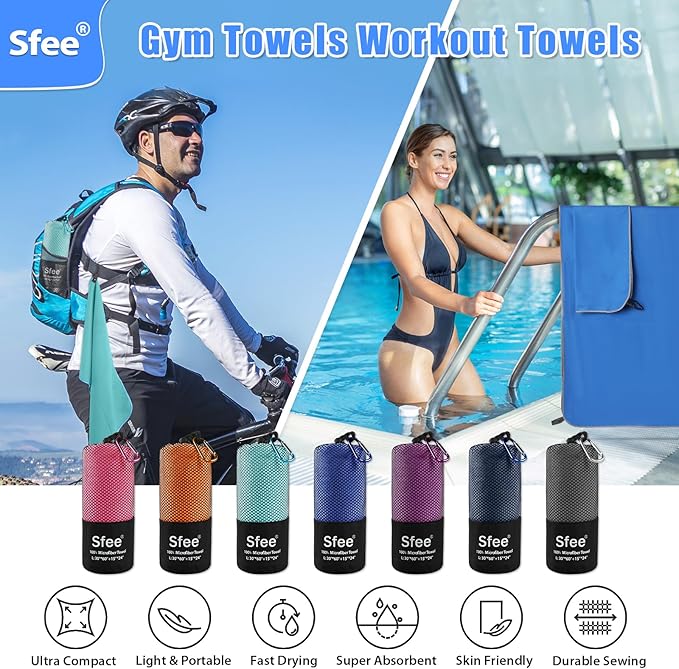 Sfee 2 Pack Microfiber Travel Towel, Quick Dry Towel Camping Towel Super Absorbent Compact Lightweight Sports Towel Swim Gym Towels Beach Towel Set for Gym, Hiking, Pool, Backpacking, Bath, Yoga