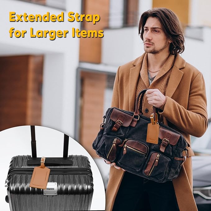 Travelambo Luggage Tags for Suitcases Faux Leather Privacy Protection 2 Pack Bag Tags Travel Accessories Essential, Yellowish Brown
