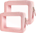 Aveniee Clear Makeup Bag Organizer Set,Portable Travel Toiletry Case for Women, Vegan Leather Cosmetic Pouch Car Bag for Essentials 2pcs,Middle & Large,Pink