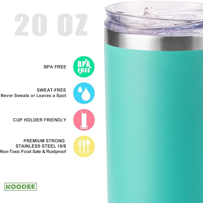 koodee 20 oz Tumbler with Lid and Straw -4 Pack Insulated Skinny Tumblers Stainless Steel Double Wall Water Cup (Yellow/Teal/Sky Blue/Wine Red)