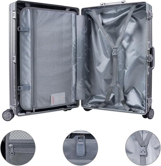 TRAVELKING All Aluminum Luggage Zipperless Hard Shell Luggage Case with TSA Lock Spinner Alloy Metal Suitcase (Grey, 24")