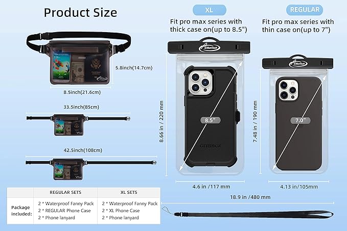 AiRunTech Waterproof Fanny Pack,Waterproof Phone Pouch for iPhone 15 14 13 12 11 Pro Max,IPX8 Waterproof Dry Bag for Snorkeling Beach Cruise Kayaking Pool Swimming(Two Phone Cases+Two Waist Bags Set)