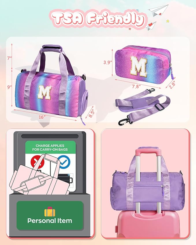 Sister Graduation Gift-Girl Gym Bag with Shoe Compartment, Kid Personalized Weekender Overnight Bags, Initial Travel Tote with Makeup Pouch Valentine's Day Gifts for Kids (Letter I)