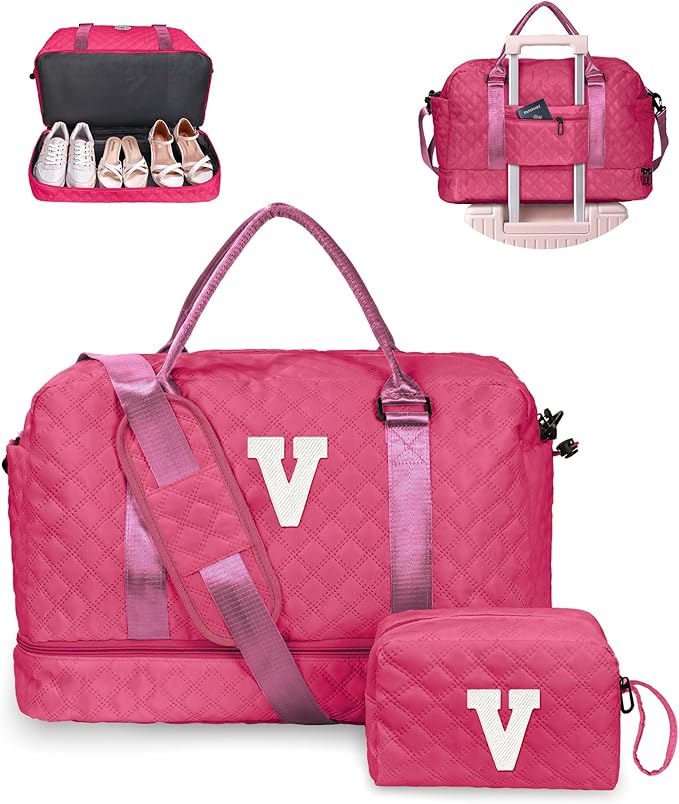 College Graduation Gifts,Birthday Gift-Initial Travel Bag with Shoe Compartment, Personalized Weekender Bag, Monogram Overnight Bag for Women, Letter Travel Bag with Makeup Bag (Letter V)