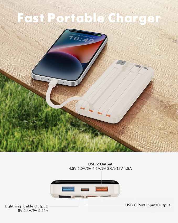charmast 20000mAh Portable Charger with Built in Cables, 22.5W Travel Power Bank Fast Charging, USB C Cell Phone Battery Pack for iPhone 16/15/14/13/12/11 Series, iPad, Samsung, Android, Tablet