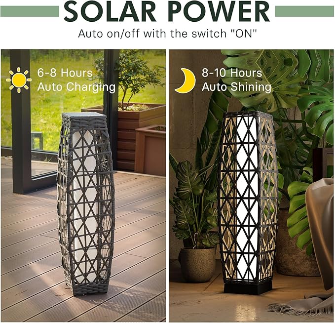 Grand patio Solar Outdoor Floor Lamp Wicker Lantern Decoration Light for Deck Garden Lawn Porch-Medium Cindy, Silver Gray