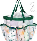 F-color Mesh Shower Caddy Portable with Drawstring - Upgrade Deeper 7 Pockets Dorm Room Essentials for Guys Girls with S Hook, Shower Bag Basket Tote for College Camping Bathroom, Green Pineapple