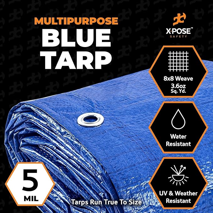 Better Blue Poly Tarp 10' x 10' (2-Pack) - Multipurpose Protective Cover - Lightweight, Durable, Waterproof, Weather Proof - 5 Mil Thick Polyethylene - by Xpose Safety