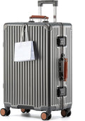 HotWay 24 Inch Hardside Checked Luggage with Leather Handle, PC Zipperless Suitcase with Spinner Wheels and TSA Locks, Lightweight Checked Luggage for Travel, Grey