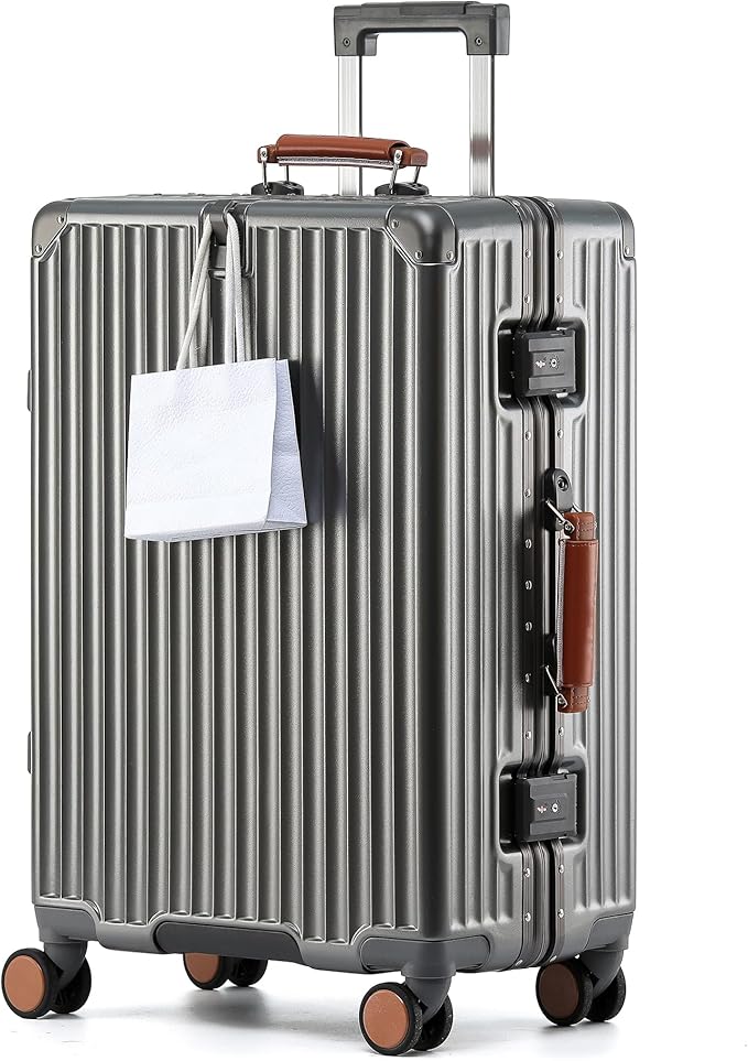 HotWay 26 Inch Hardside Checked Luggage with Leather Handle, PC Zipperless Suitcase with Spinner Wheels and TSA Locks, Lightweight Checked Luggage for Travel, Grey