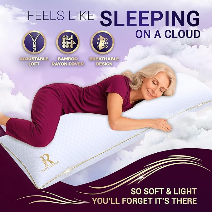 Royal Therapy Long Body Pillow – Full Body Pillow for Adults and Side Sleepers – Long Pillow for Bed with Cooling Memory Foam – Adjustable Firm Long Pillow for Back Pain, Hugging & Sleep Support