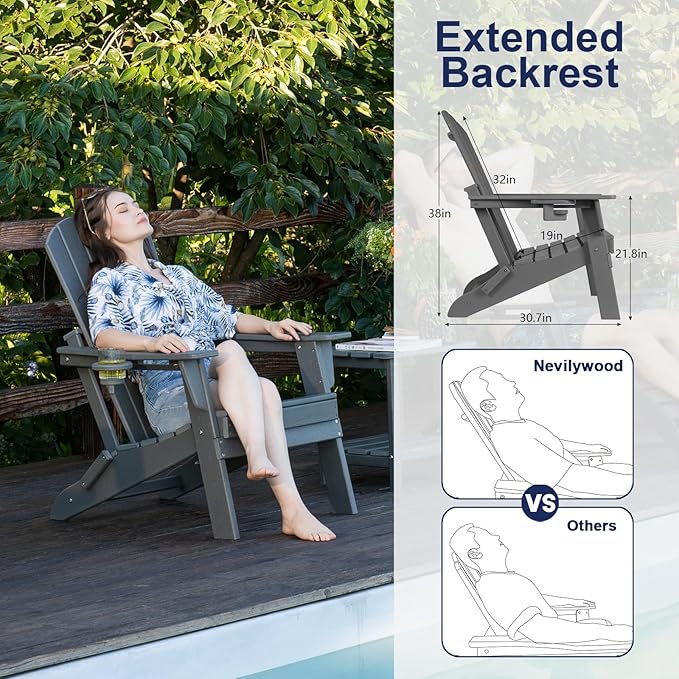 Folding Adirondack Chair - Extended Ergonomic Backrest, Cup Holder - Easy Assembly - Durable HDPE Plastic, Weather Resistant & Maintenance-Free - Lawn, Patio, Deck Supports 400lbs Green