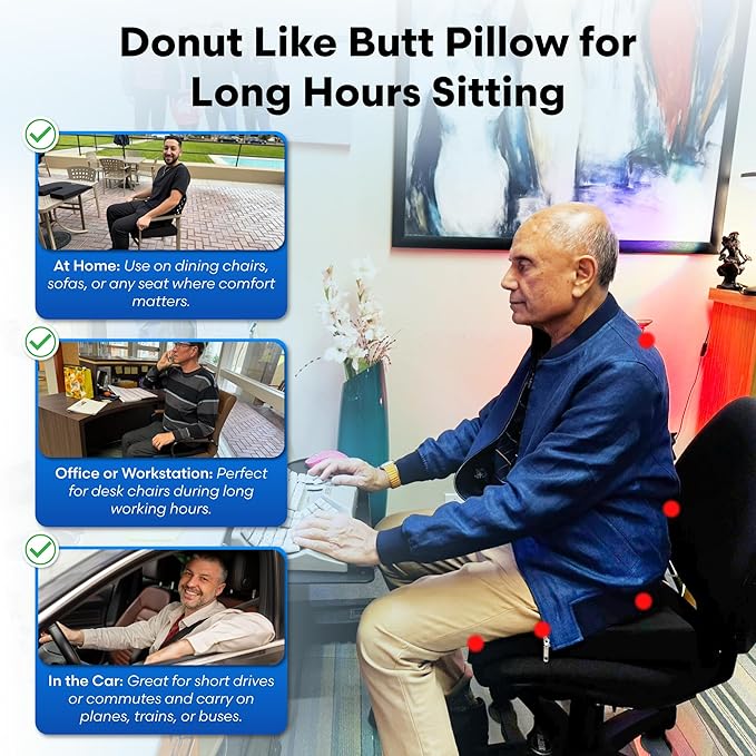 LiquiCell Coccyx Seat Cushion, Aid for Tailbone Pain Relief, Sciatica Pain, Back Support | Donut Like Butt Pillow for Long Hours Sitting at Home/Office Chair (18W x 17L x 2.5H)