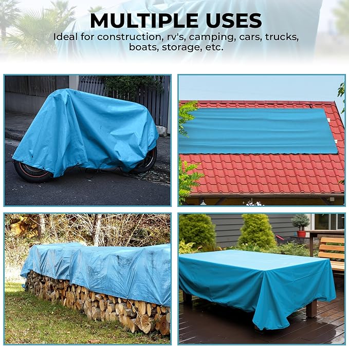 Tarps Heavy Duty Waterproof 20x30-12 mil Thick Camping Tent - Blue Tarp 20x30 UV Resistant, Rip & Tear Proof with Metal Grommets – Multipurpose Use for Camping, Tent, Boat, RV, Car, & Pool Cover