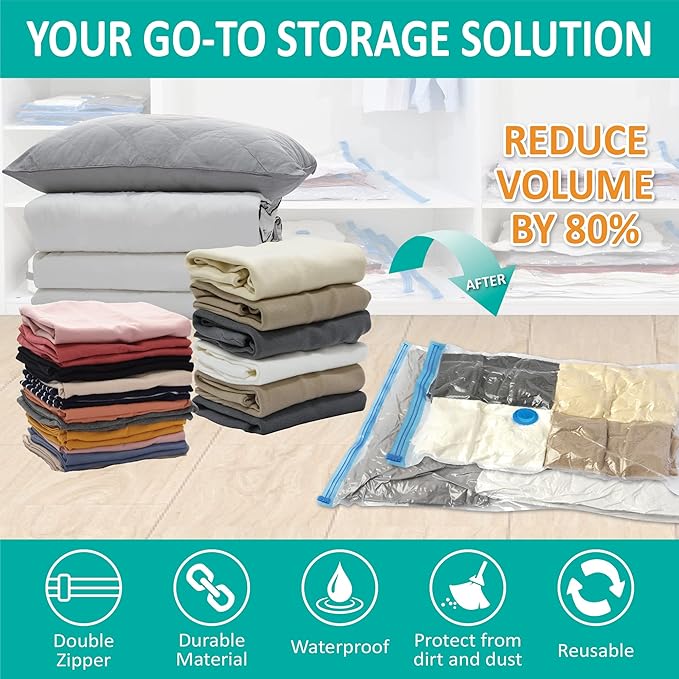 16 Pack Vacuum Storage Bags, Space Saver Bags (2Jumbo/2Large/3Medium/3Small/6Roll) Compression Storage Bags for Comforters and Blankets, Vacuum Sealer Bags for Clothes Storage, Hand Pump Included