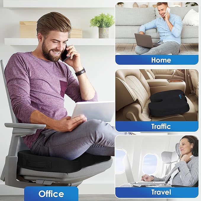 TushGuard Seat Cushion for Office Chair Memory Foam Non-Slip Cushion Back, Coccyx, Sciatica, Tailbone Pain Relief Butt Pillow for Office Chair, Car, Wheelchair, Black, XX-Large