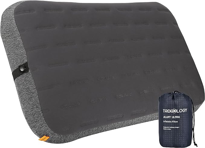 TREKOLOGY Camping Pillow - Large Inflatable (24"x15") for Home-Like Comfort, Portable & Ergonomic, Easy to Clean, Durable & Leak-Proof, Removable Strap for Secure Fit – ALUFT Ultra (Grey)