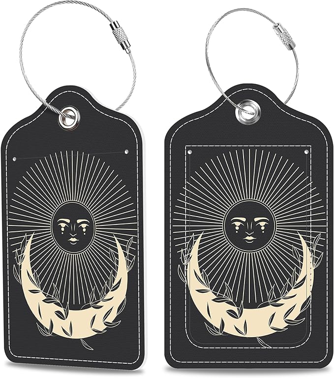 2 Pack Luggage Tags for Suitcase Moonlight in Vintage Engraving Leather Stainless Steel Loop Label Tags for Women Men Travel Bag Suitcase with Privacy Cover Name ID Card