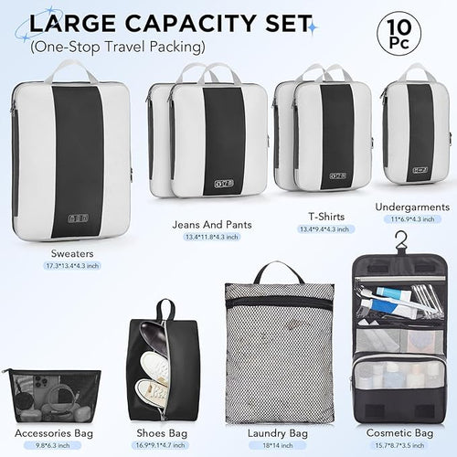 10 Set Compression Packing Cubes for Travel Essentials,Compressible Expandable Packing Cubes for Suitcase,OlarHike Luggage Organizer Bags for Travel,Handy Helper for Organizing Clothes(Black)