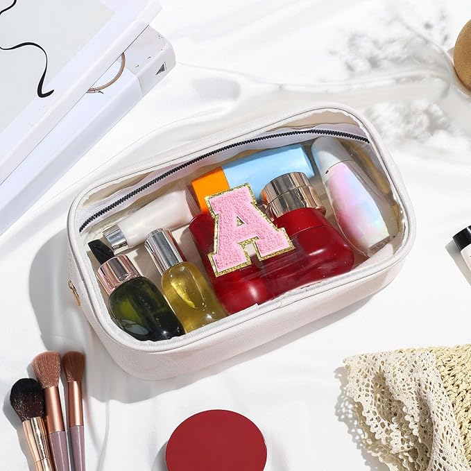 YOOLIFE Initial Make Up Bag Travel Toiletry Bag, Clear Makeup Bag Preppy Cosmetic Bag Clear Makeup Bags With Zipper Girlfriend Teacher 8 Year Old Girl Gifts Daughter Gifts Swim Gifts For Girls White T