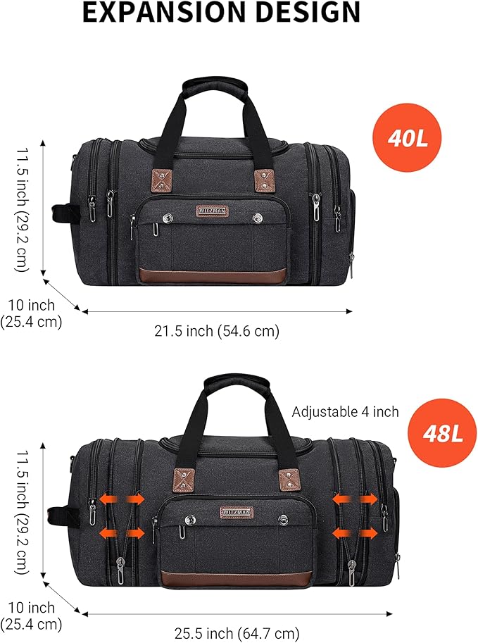 WITZMAN Mens Duffle Bags for Traveling Canvas Weekender Travel Bag Expandable Overnight Bag Carry on Bag(A8007 Black)